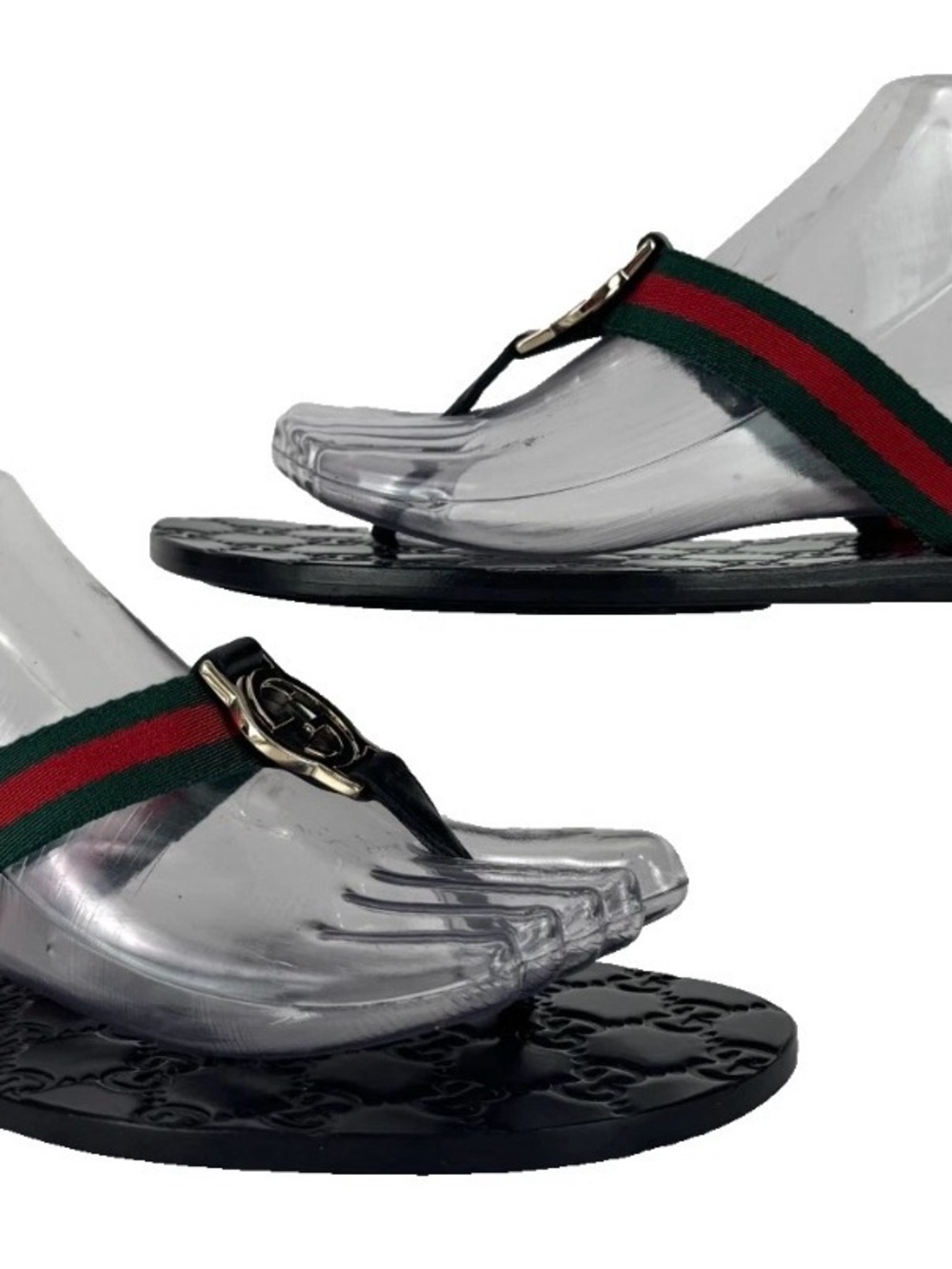 Gucci Black Leather Thong Sandals with Red and Green Web and Gold GG - Picture 9 of 15
